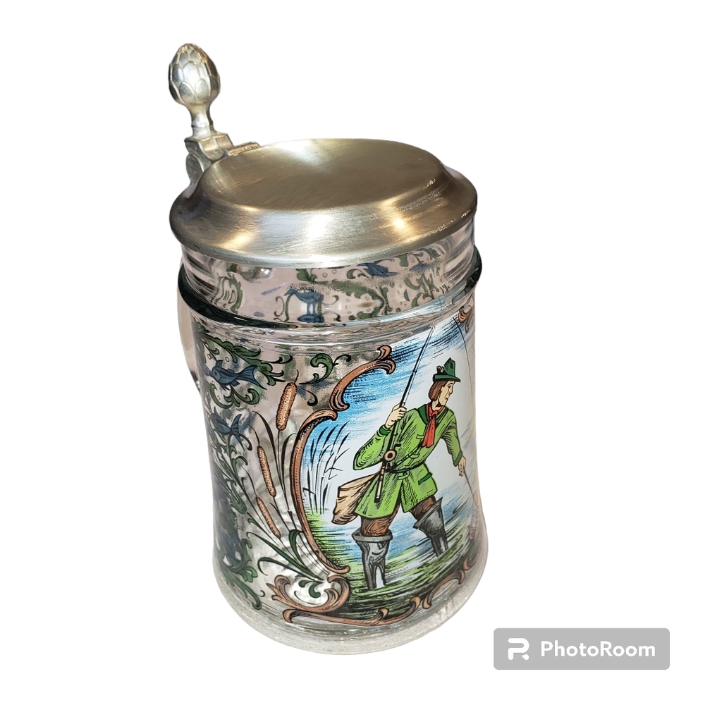 Vintage  German Glass Stein Pewter